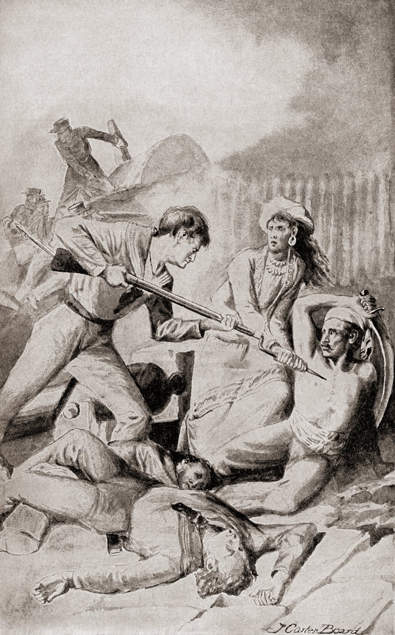 Bitva u Quallah Battoo v roce 1832, z „Dějiny naší země“, vydané v roce 1905 (litho) od American School