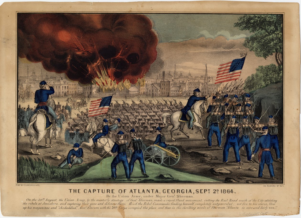 The Capture of Atlanta, Georgia, 2. září 1864, pub. od Currier & Ives, kolem roku 1864 od American School