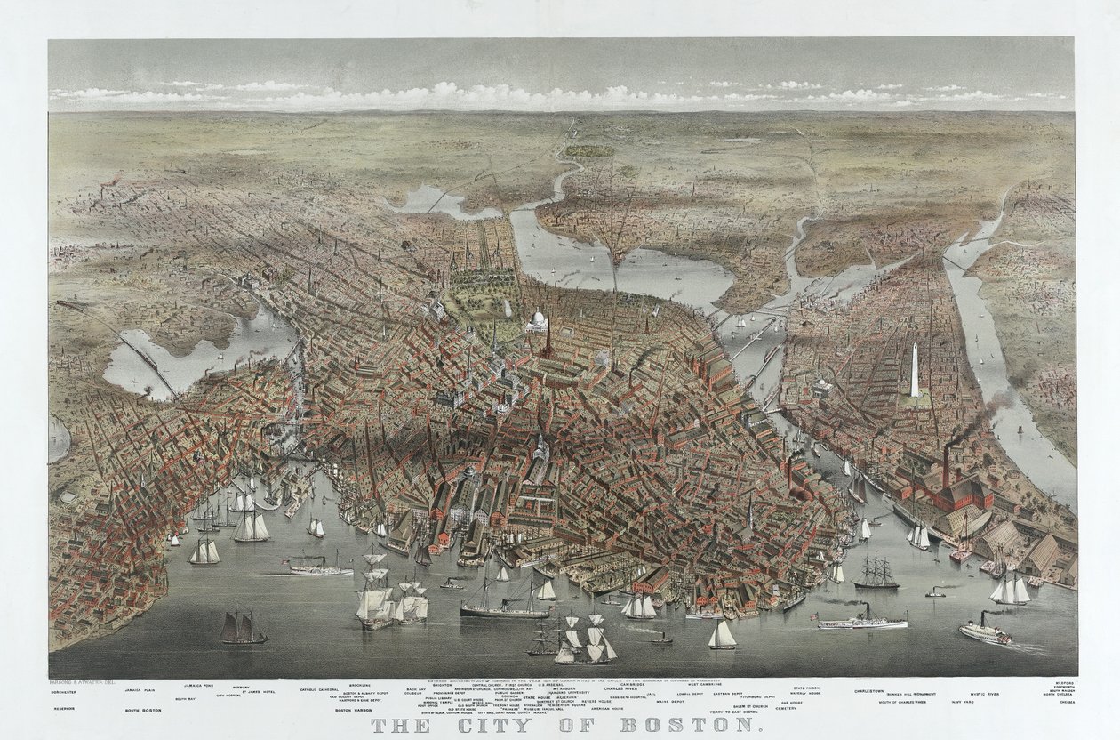 Město Boston, pub. 1873 (barevná litografie) od American School