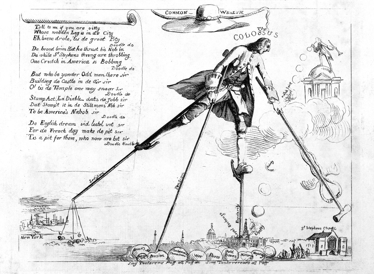 Kolos, karikatura zákona o zrušení známky, c.1765 od American School