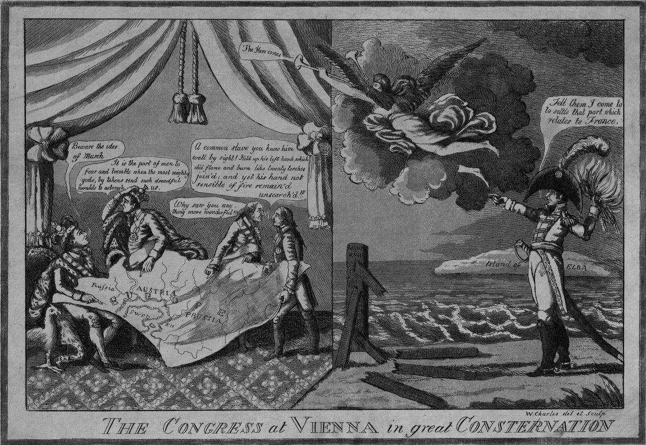 Kongres ve Vídni ve velkém zděšení, kolem roku 1815 (lept a akvatinta) od American School