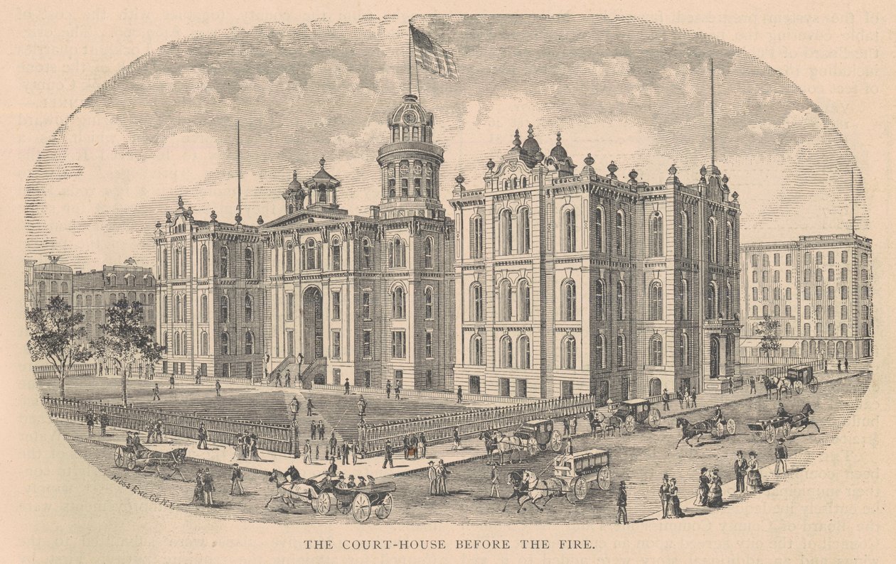 The Court-House before the Fire, tisk Moss Engraving Co., New York, ilustrace z History of Chicago sv. 2 od Alfreda Theodora Andrease, publikoval 1885 od American School