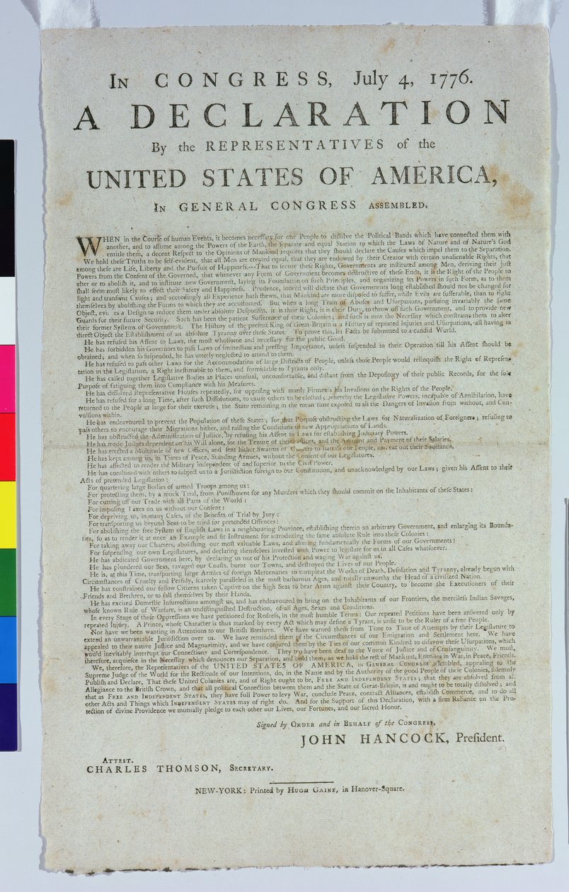 Deklarace nezávislosti, tisk Hugh Gaine, 1776 (tištěné inkoustem na papíře) od American School