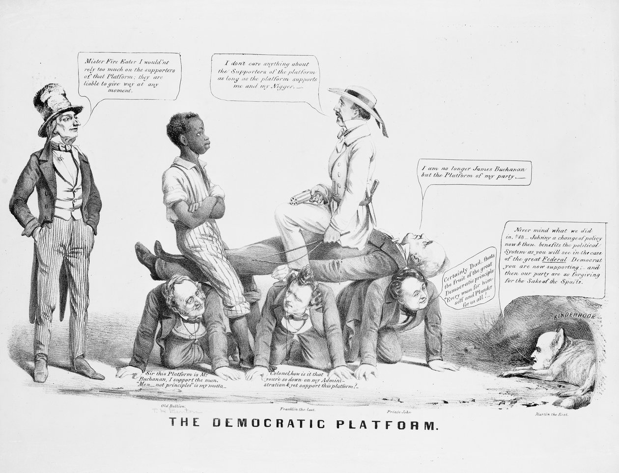 Politická karikatura „Demokratická platforma“ komentující postavení Demokratické strany na otroctví, kolem roku 1856 od American School