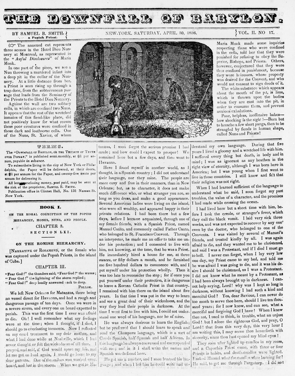 Pád Babylonu, ilustrace z antikatolické brožury zobrazující jeptišku, jak hází zavražděné nemluvně do jámy, 1836 (novinový papír) od American School