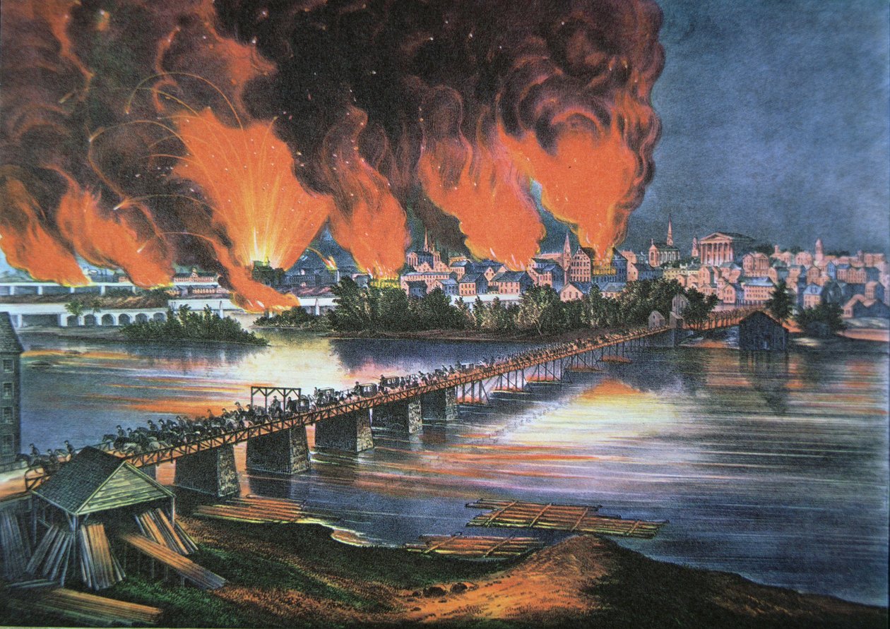 Pád Richmondu, Virginie, v noci 2. dubna 1865 (barevně lito) od American School