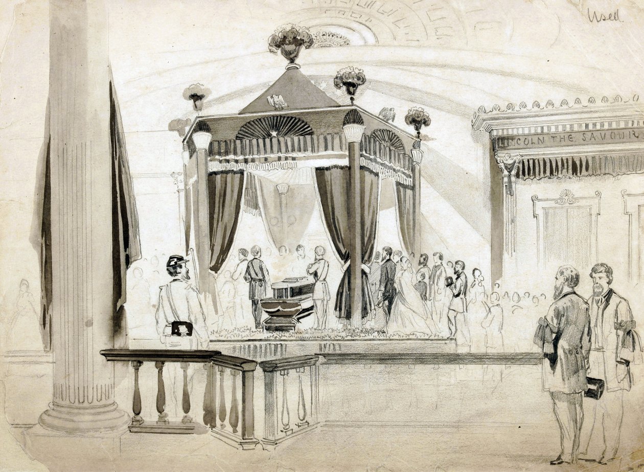 The Funeral Catafalque at Springfield, Illinois, ilustrace pro Frank Leslies Illustrated Newspaper, 1865 (tužka, inkoust a pero na papíře) od American School