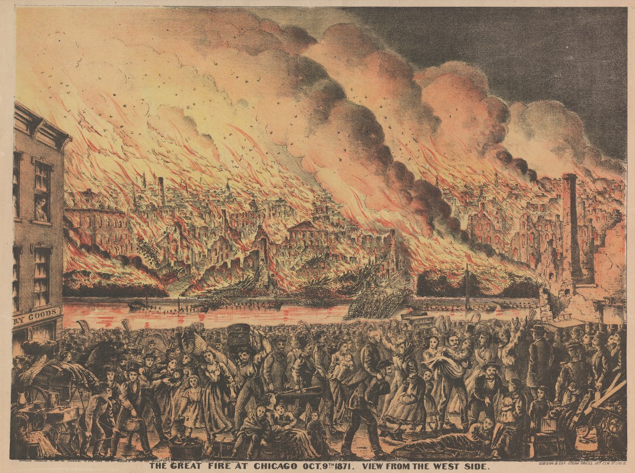 Velký požár v Chicagu, 9. října, pohled ze západní strany, 1871 od American School