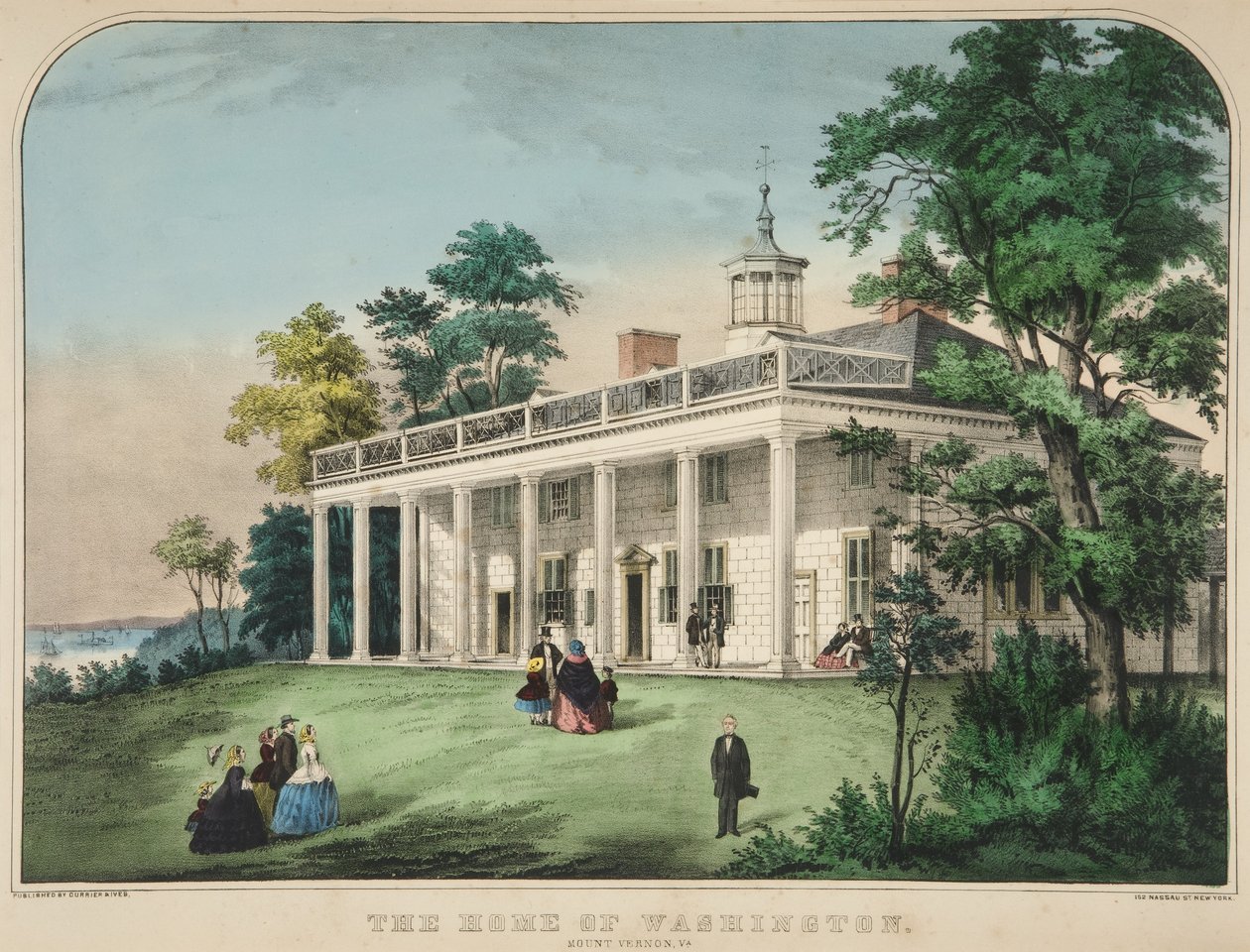 The Home of Washington, Mount Vernon, Virginie, hospoda. c1857 barevná litografie. od American School