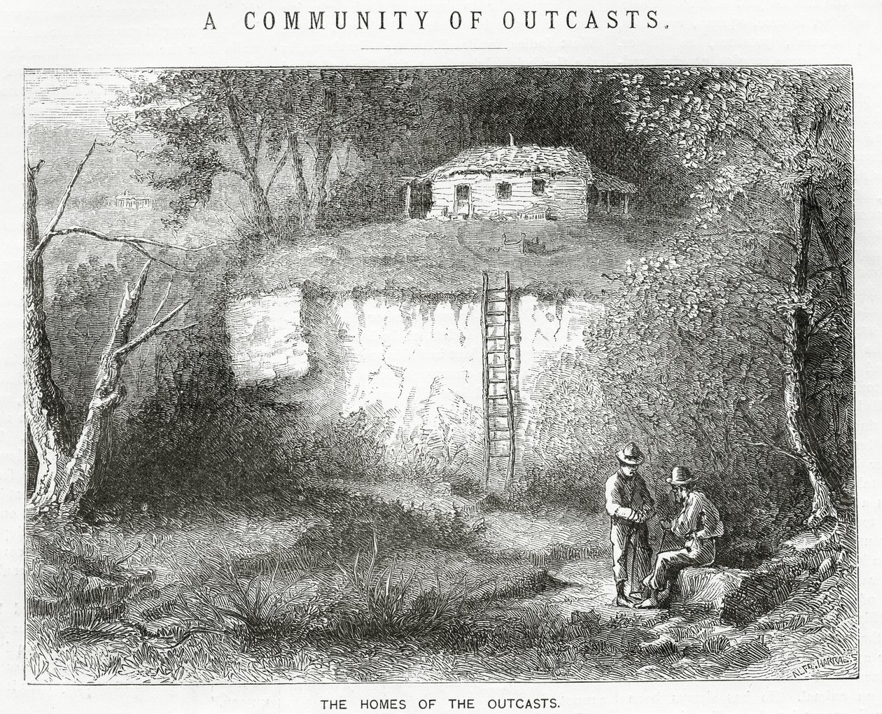 The Homes of the Outcasts, ilustrace k celovečernímu příběhu, Komunita vyvrženců, z Appletons Journal, 23. března 1872 od American School