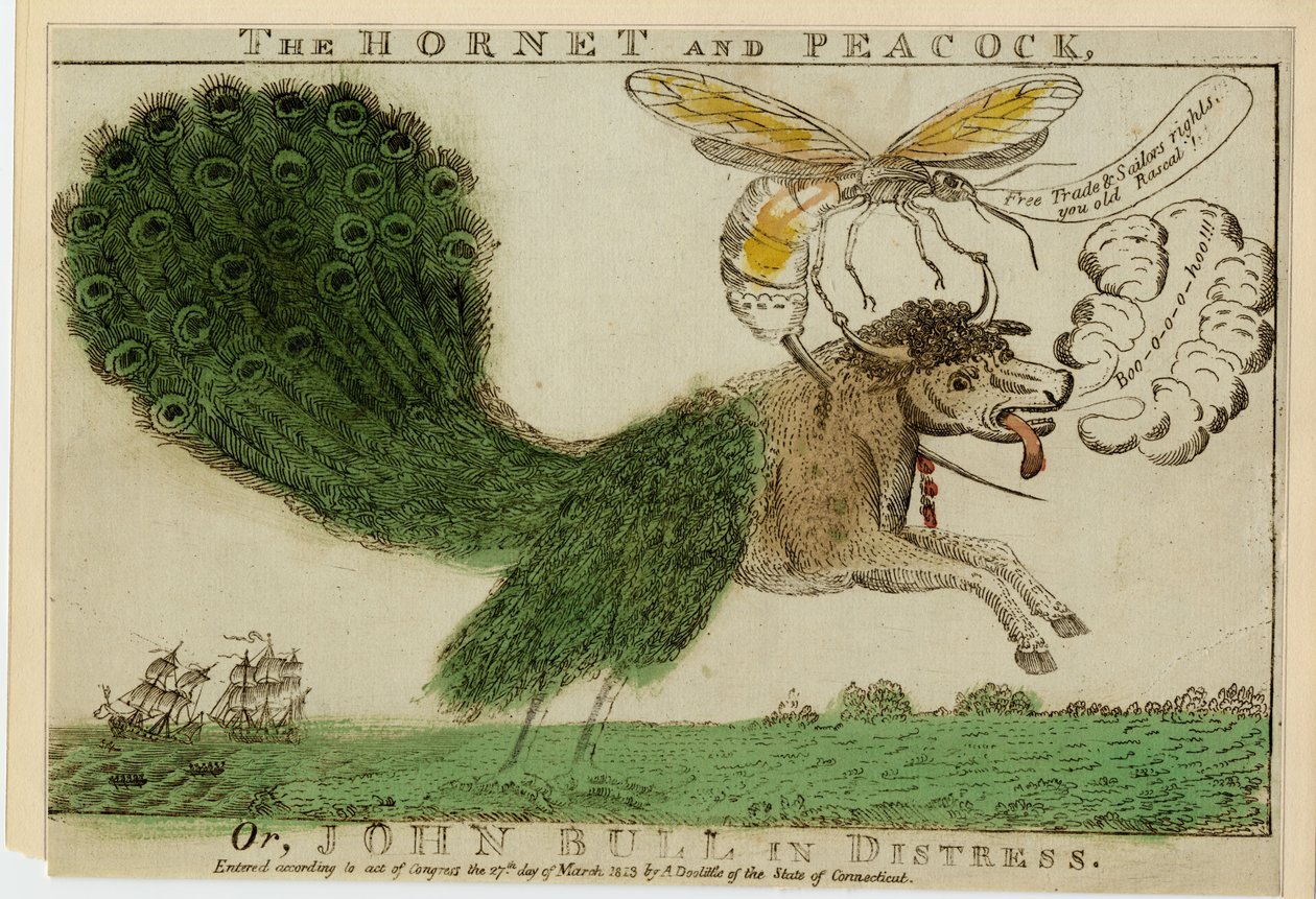 Sršeň a páv aneb John Bull v tísni, 1813 (lept s rytinou) od American School