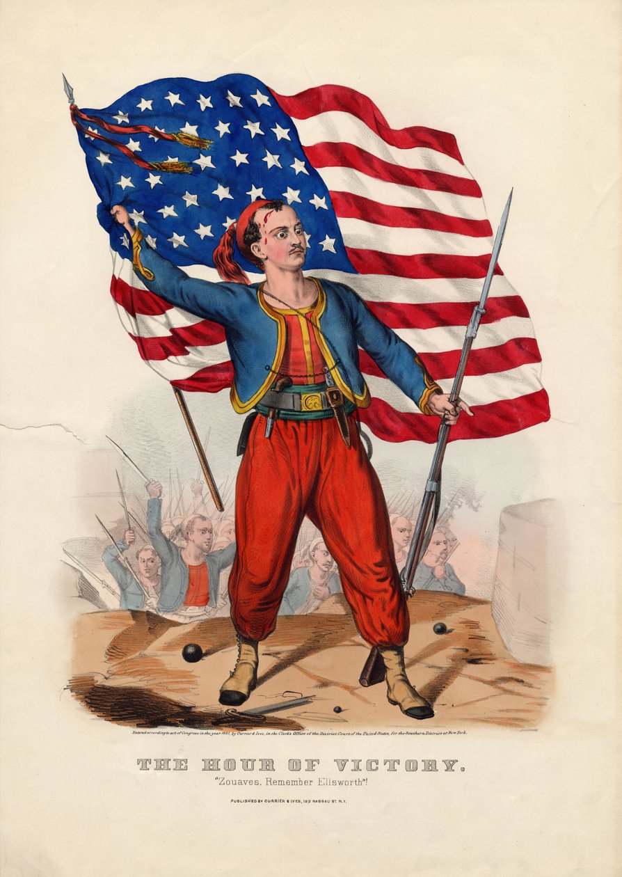 Hodina vítězství: Zouaves, pamatujte si Ellsworth!, hospoda. od Currier & Ives, 1861 od American School