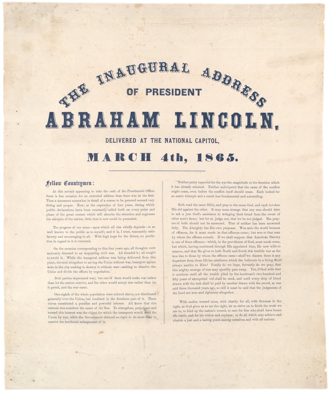 Inaugurační projev prezidenta Abrahama Lincolna pronesený v National Capitol, 4. března 1865 od American School