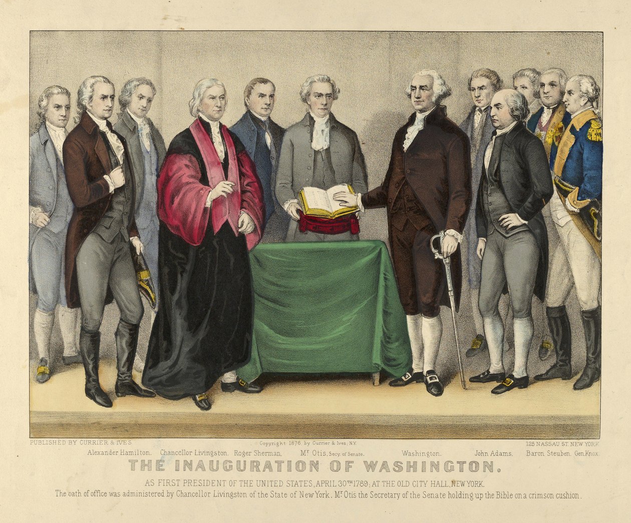 Inaugurace Washingtonu jako prvního prezidenta Spojených států, 30. dubna 1789, na Staré radnici, New York, pub. 1876 (barevně lito) od American School