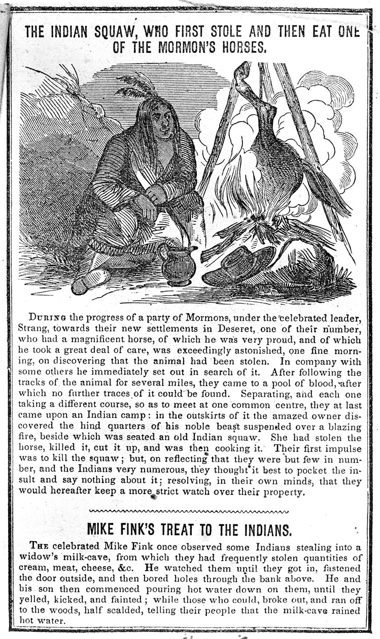 Indiánská squaw, která nejprve ukradla a pak snědla jednoho z mormonských koní, z Crocketts Almanach, 1852 od American School