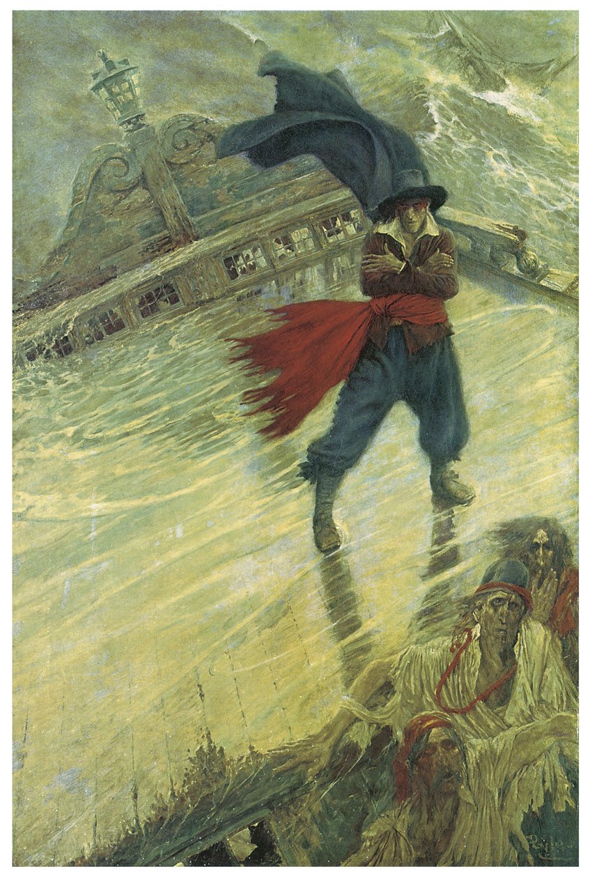 Legenda o lodi duchů aneb létající Holanďan: nizozemský velitel, který by chtěl zkusit osud, by byl odsouzen k tomu, aby navždy bloudil na své lodi a přinášel neštěstí lodím křižujícím jeho trasu Ilustrace Howarda Pylea (1853-1911) z Colliers