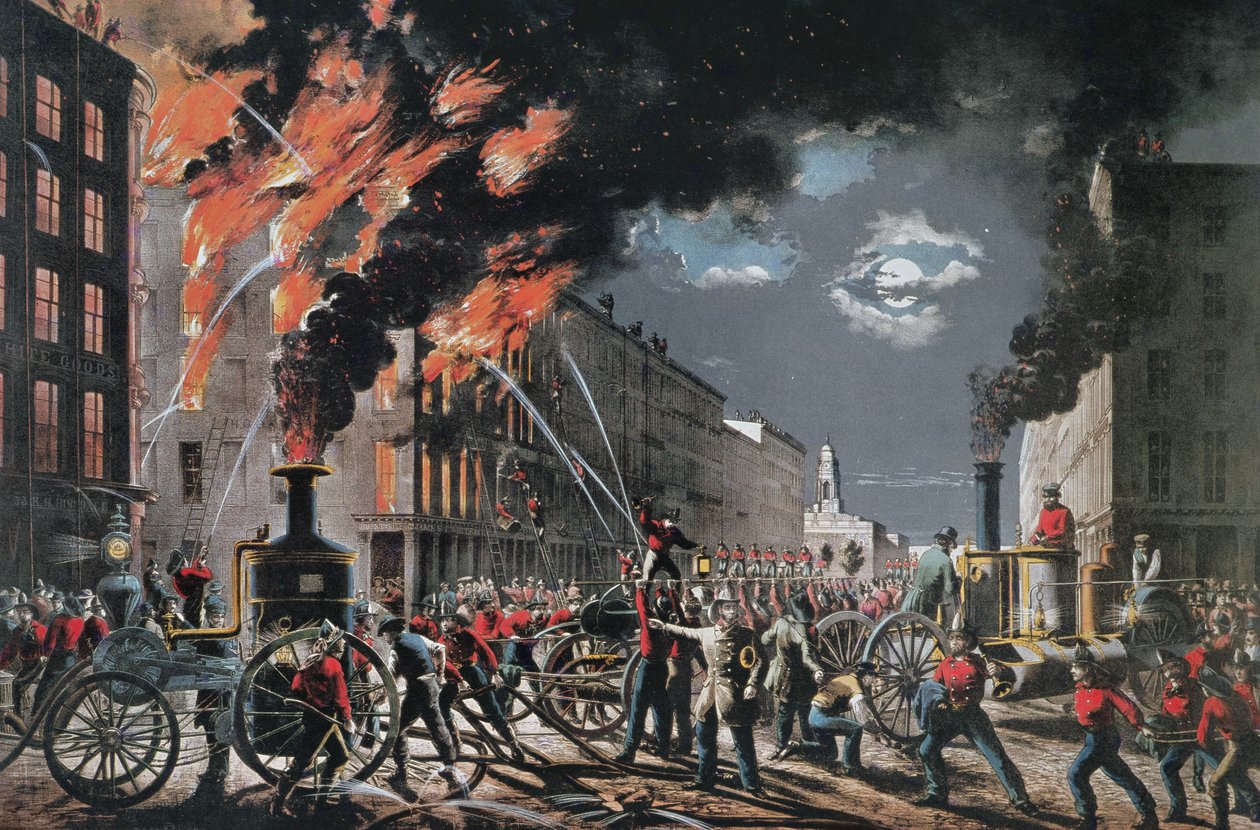 The Life of a Fireman (New York Dobrovolný hasičský sbor), vydané nakladatelstvím Currier & Ives od American School