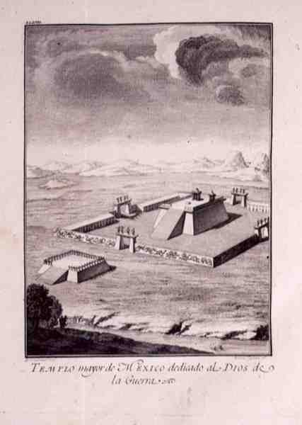 Hlavní chrám Mexika, zasvěcený bohům války, od Antonia de Solis y Rivadeneira Solise „Historie dobytí Mexika“ 1783-84 (rytá deska) od American School