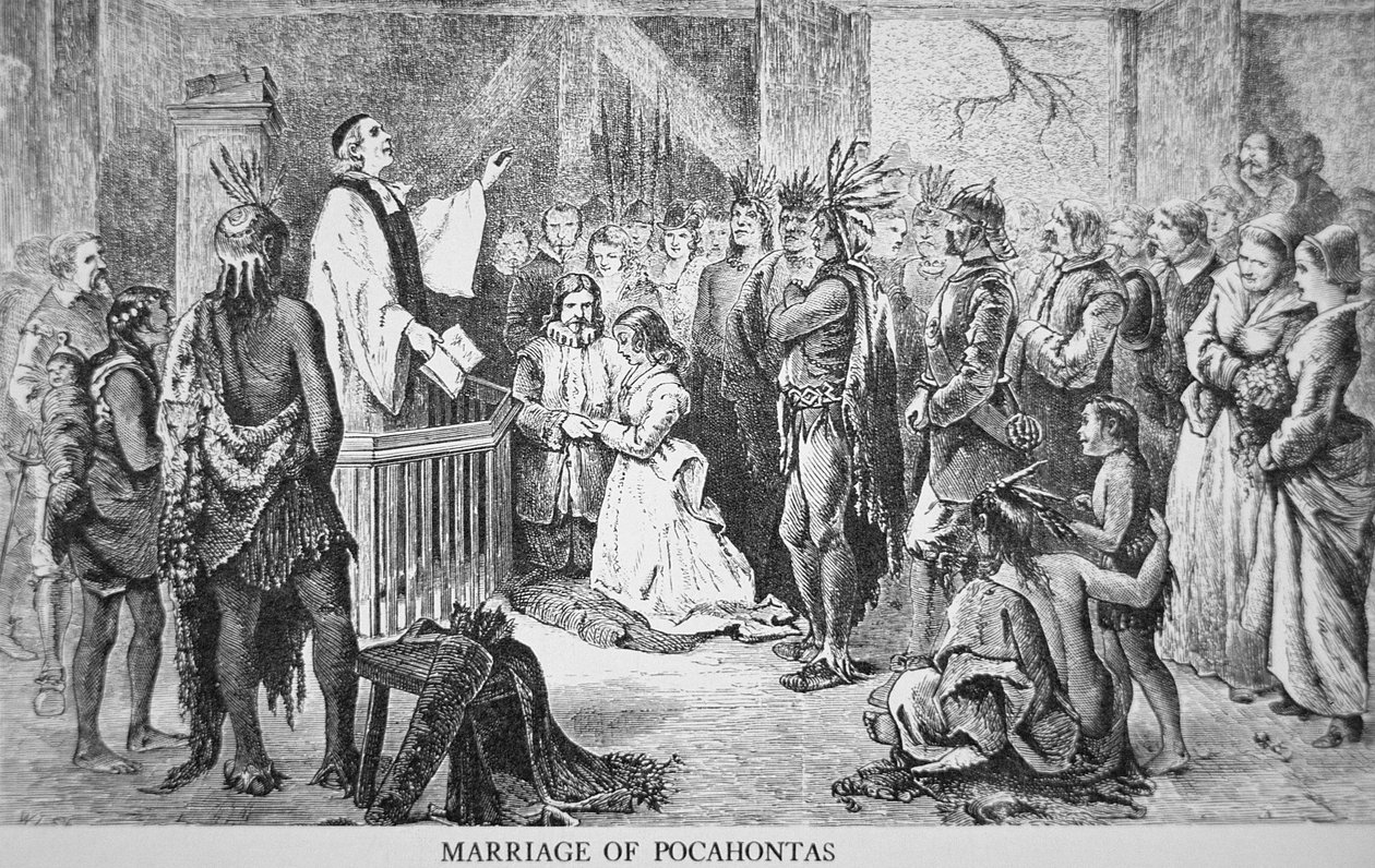 Svatba Pocahontas (asi 1595-1617) 1614 (rytina) od American School