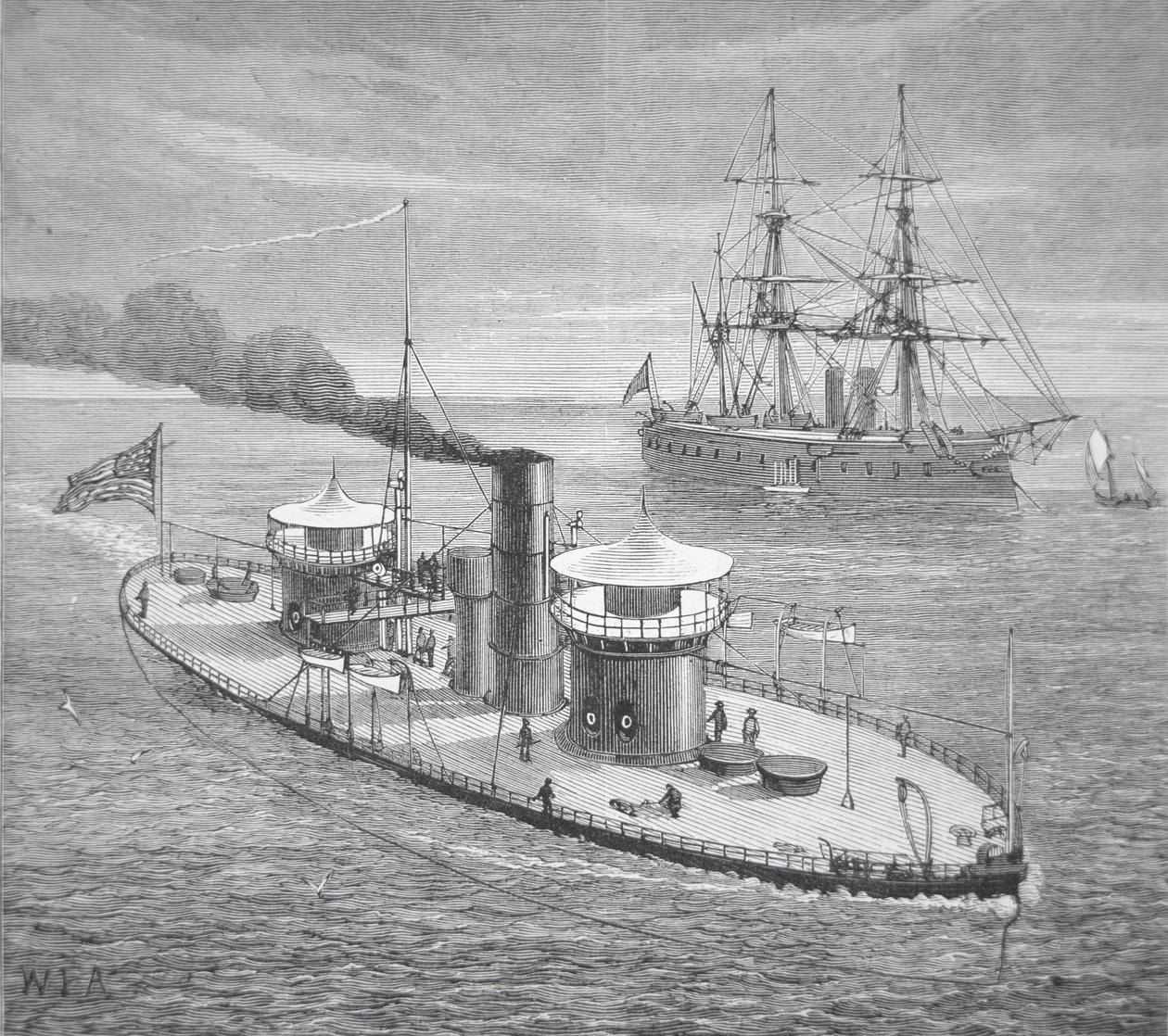 Miantonoma, dvouvěžový pancéřový monitor vypuštěn v roce 1863 (litho) od American School