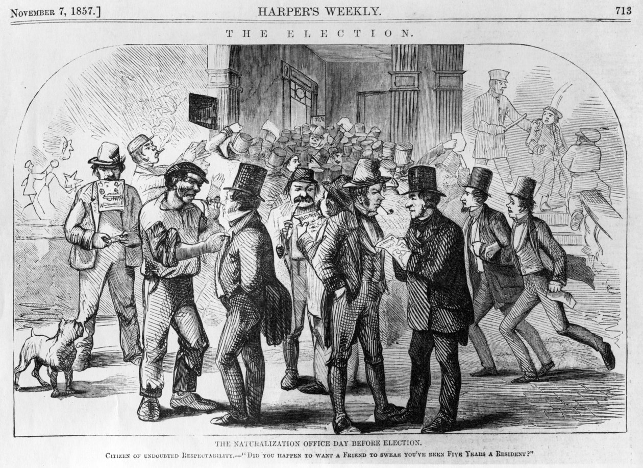 Naturalization Office Day Before Election, publikované v Harpers Weekly, 7. listopadu 1857 od American School