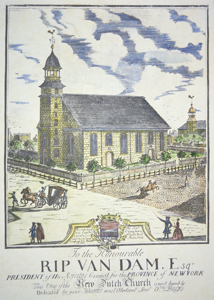 New Dutch Reformed Church, postavený na rohu ulic Nassau a Liberty, New York City, v roce 1731 (barevná rytina) od American School