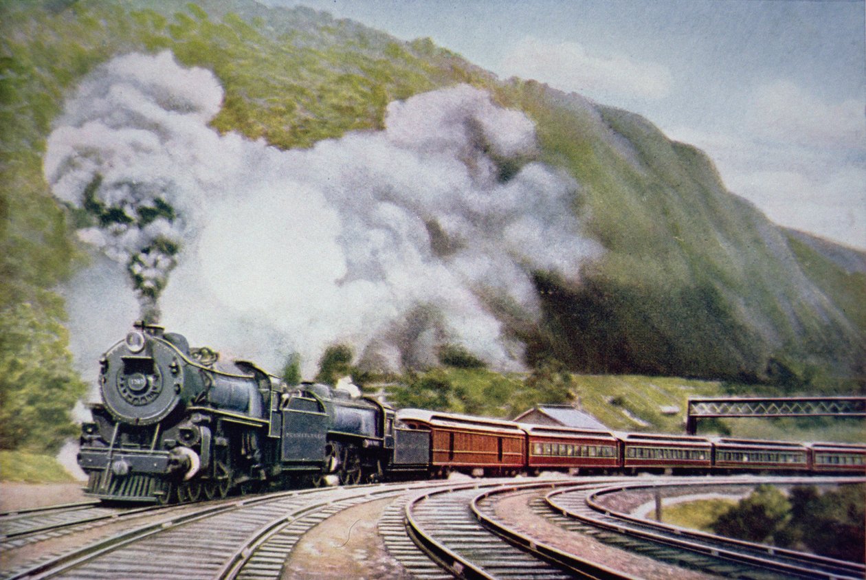The New York to Chicago Express v Horse-Shoe Curve, Alleghany, kolem roku 1930 (barevné lito) od American School