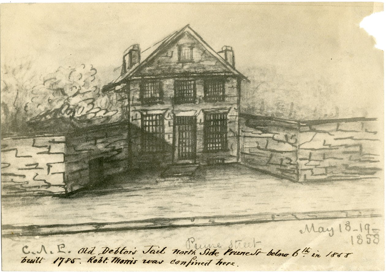 The Old Debtors Jail, Side of Prune St. pod 6., ilustrace z Castner Scrapbook, 1858 (foto-litho) od American School