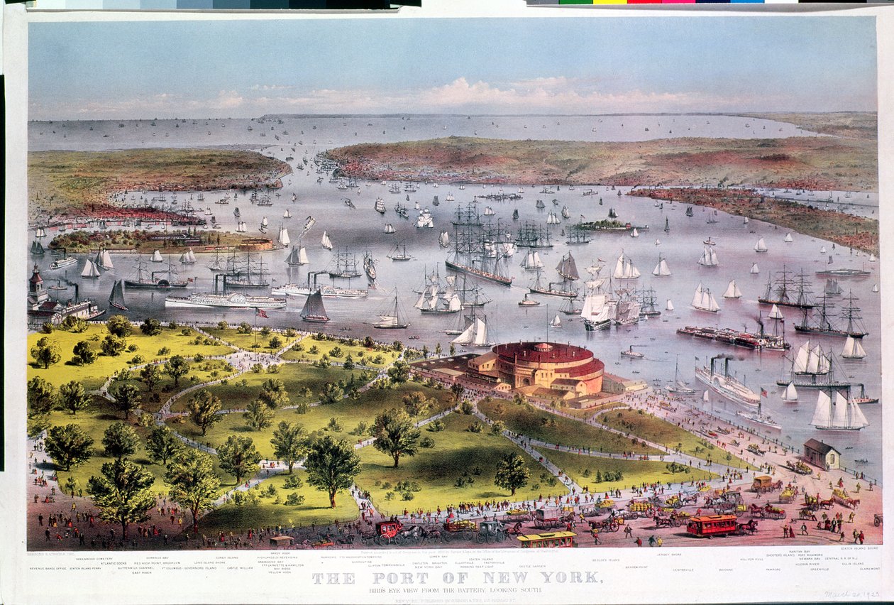 Přístav New York, pohled z ptačí perspektivy z Baterie při pohledu na jih, vyryto Parsons & Atwater, publikoval Currier & Ives, 1872 od American School