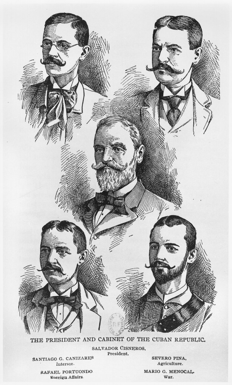 Prezident Salvador Cisneros Betancourt (1828-1914) a Kabinet Kubánské republiky, c. 1895, ilustrace z Příběhu Kuby od Murata Halsteada, Werner Company, vydáno 1898 (ryt. od American School