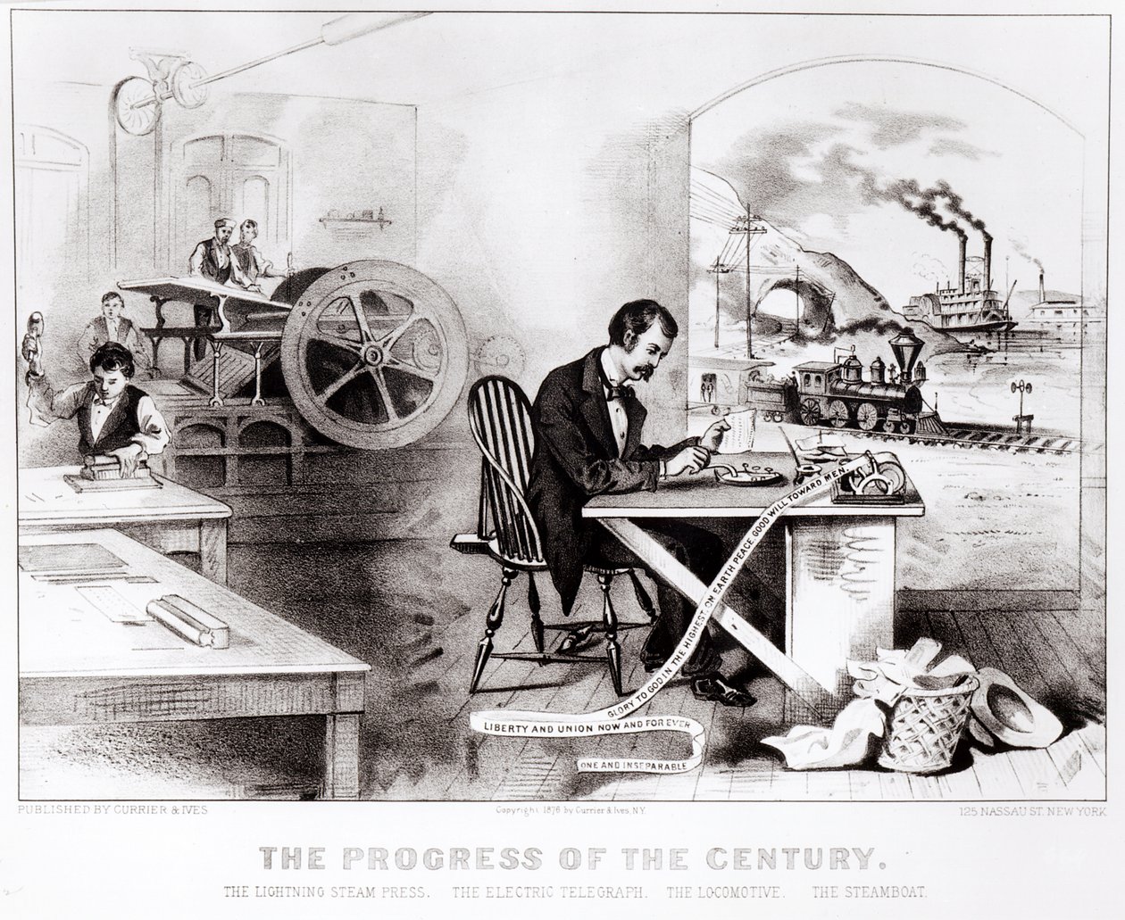Pokrok století: Bleskový parní lis, Elektrický telegraf, Lokomotiva a Parník, hospoda. od Currier & Ives, 1876 od American School