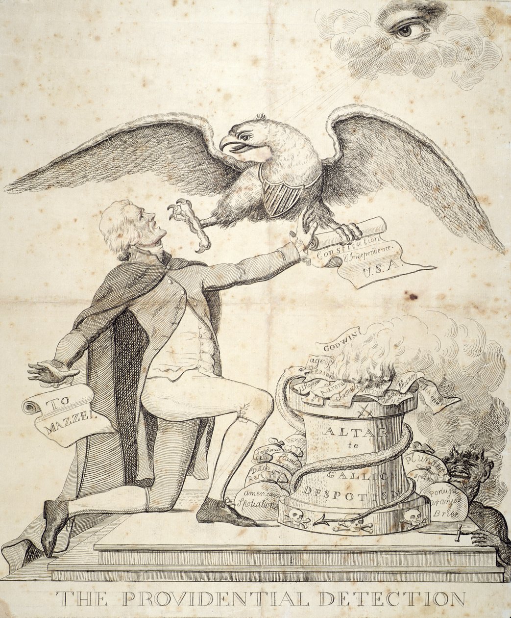Prozřetelnostní detekce, karikatura zobrazující Thomase Jeffersona (1743-1826) snažícího se zničit ústavu od American School