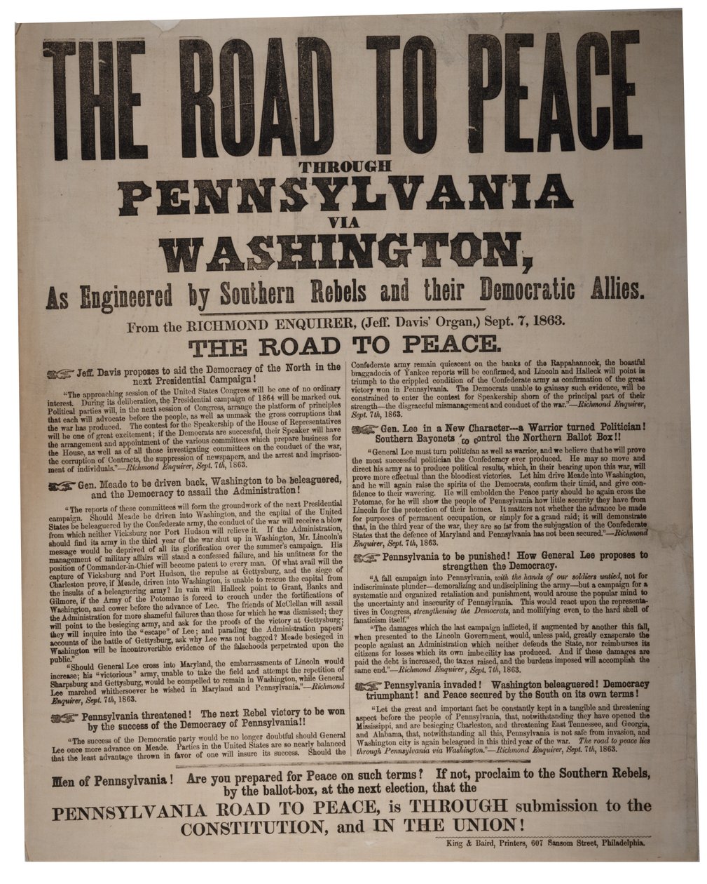 Cesta k míru přes Pensylvánii přes Washington, jak ji vytvořili jižanští rebelové a jejich demokratičtí spojenci, King & Baird (1839-1876), 7. září 1863 od American School