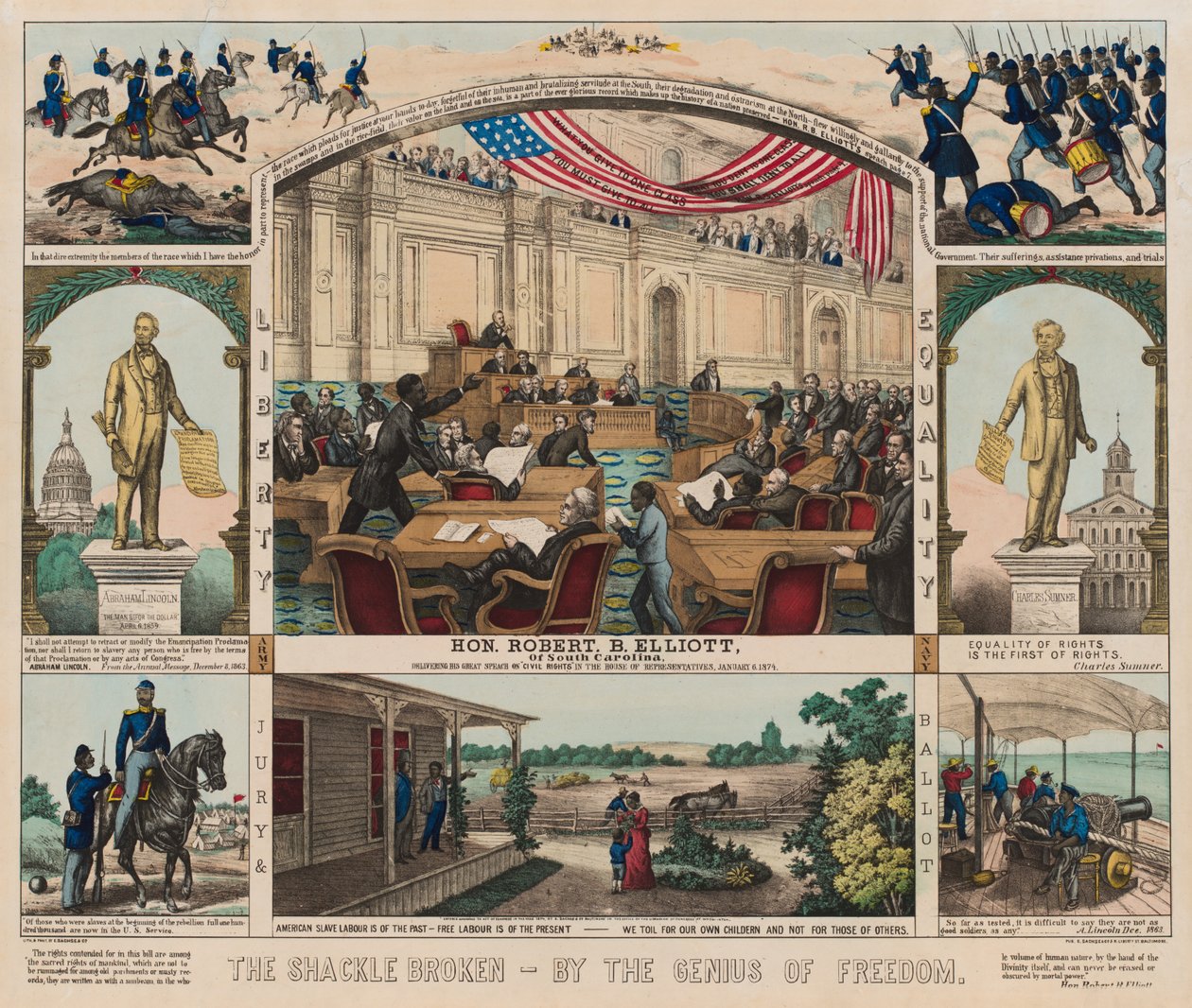 The Shackle Broken - By the Genius of Freedom, cca 1860-1879 (barevné lito) od American School