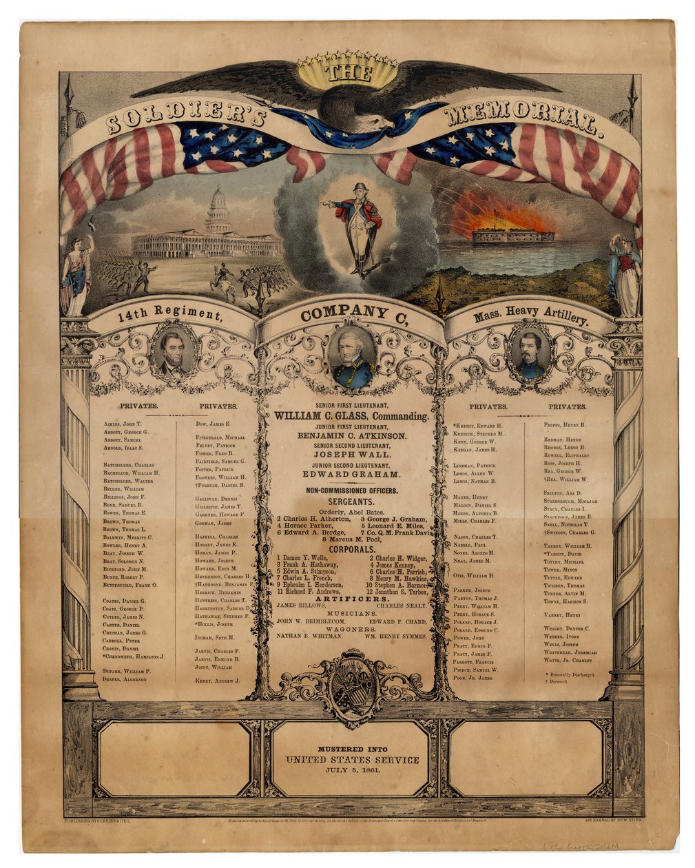 Památník vojáků: 14. pluk, rota C, Mass. Heavy Artillery, vyd. Currier & Ives, 1862. od American School