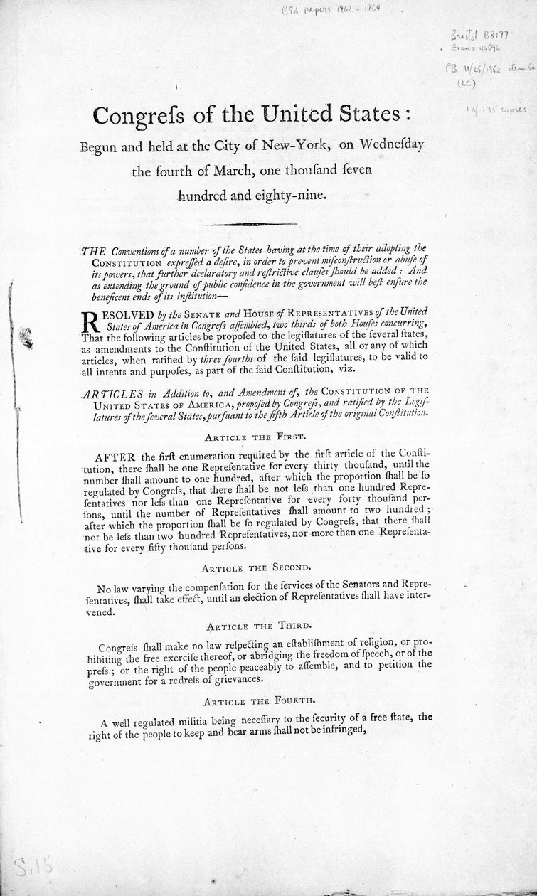 Listina práv Spojených států amerických, dokončená v roce 1789 (tisk) od American School