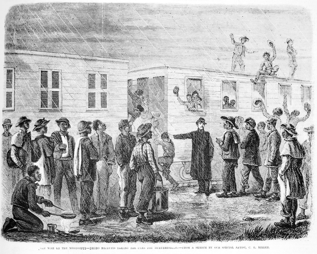 Válka o Mississippi Černí rekruti nastupují do auta do Murfreesboro, z Frank Leslies Illustrated Newspaper, květen 1864 od American School