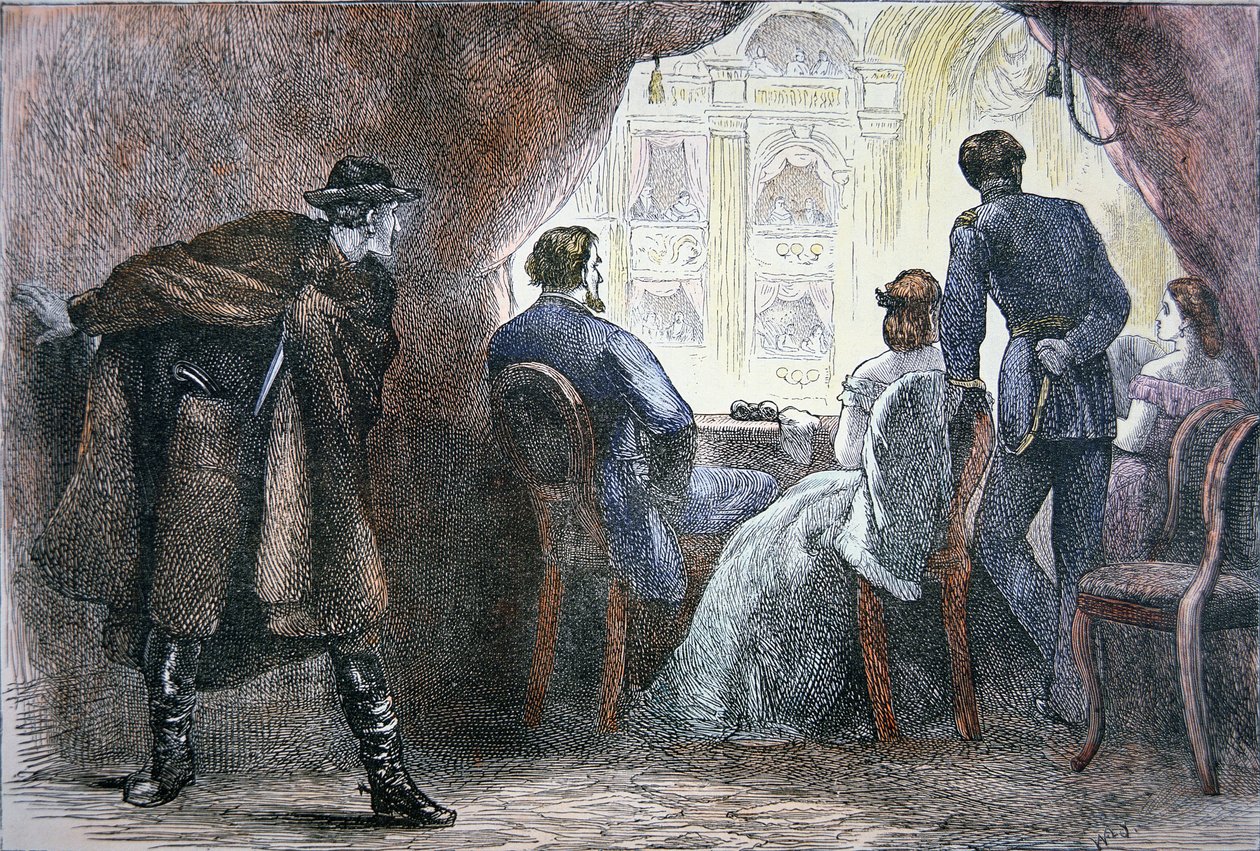 Atentát na Abrahama Lincolna (1809-65) v lóži Fordova divadla, 14. dubna 1865 (barevné lito) od American School