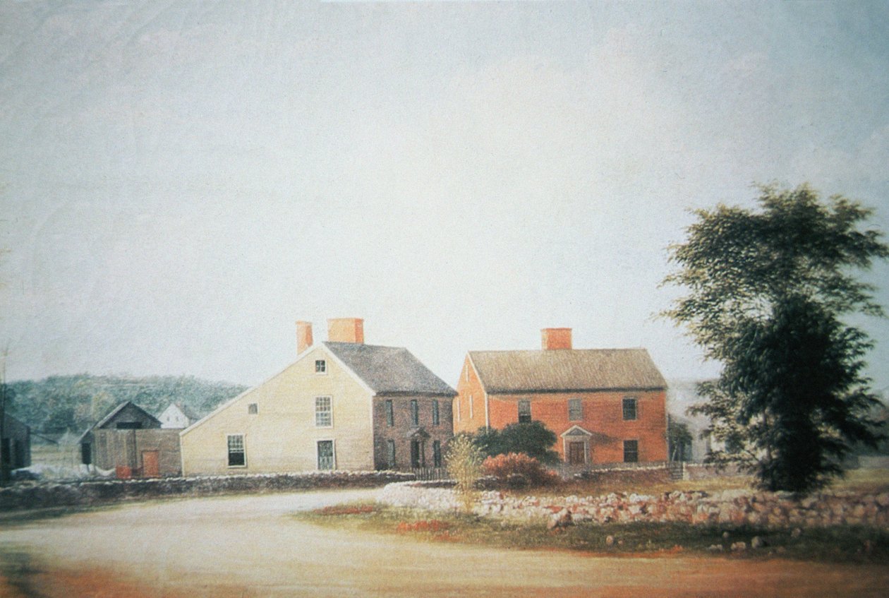 Rodiště Johna Adamse (1735-1826) v Braintree, nyní Quincy, Massachusetts (barevné lito) od American School
