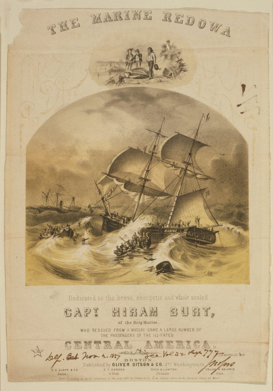 Briga Marine zachraňující cestující v záchranných člunech z parníku SS Central America poté, co ji v září 1857 zastihl hurikán u Karolíny. Přes 550 se utopilo a bylo ztraceno 30 000 liber (14 000 kg) kalifornského zlata. od American School