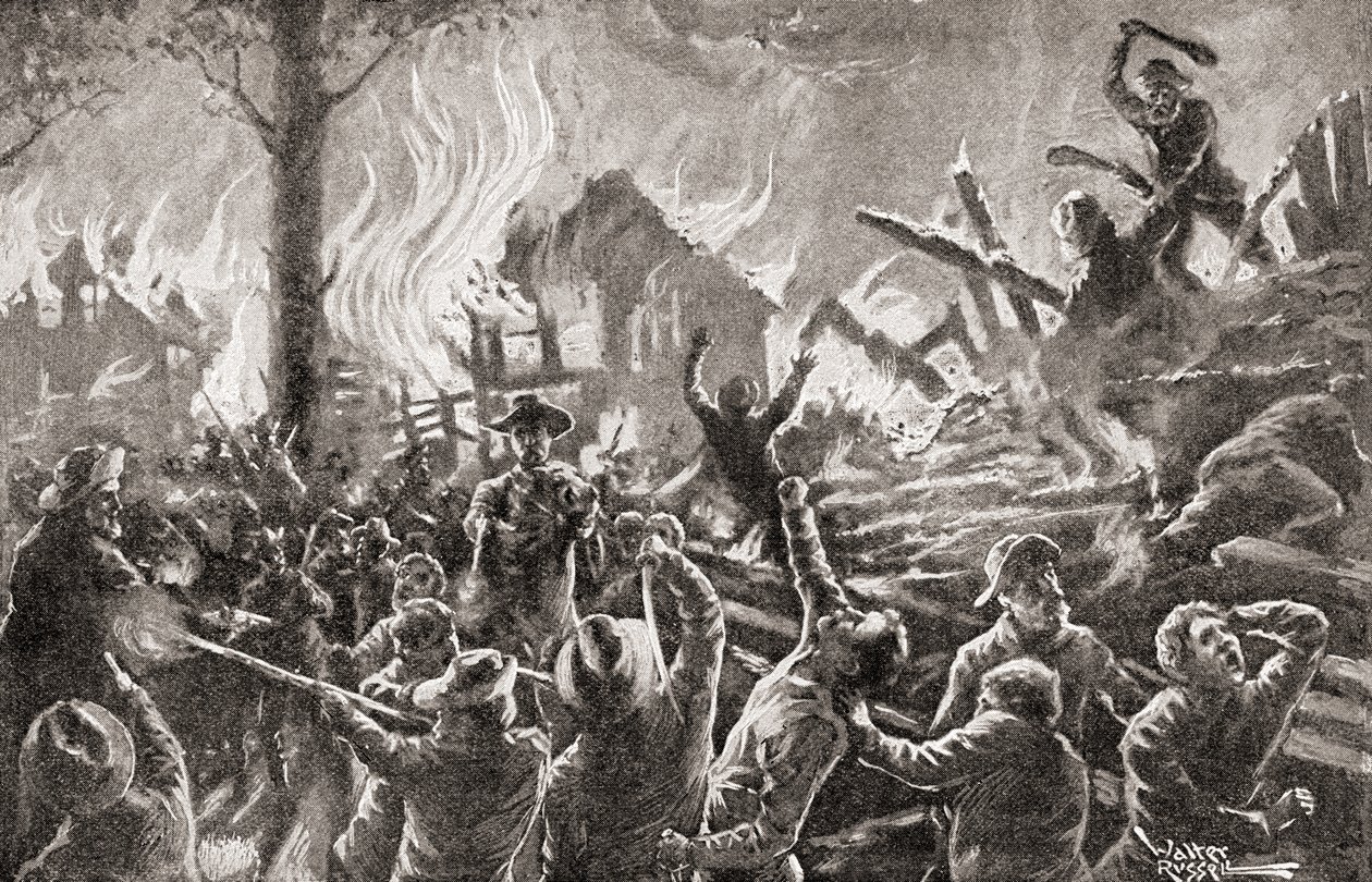 Občanská válka v Kansasu aka Bleeding Kansas, Bloody Kansas nebo Border War, z „Dějiny naší země“, vydané v roce 1905 (litho) od American School