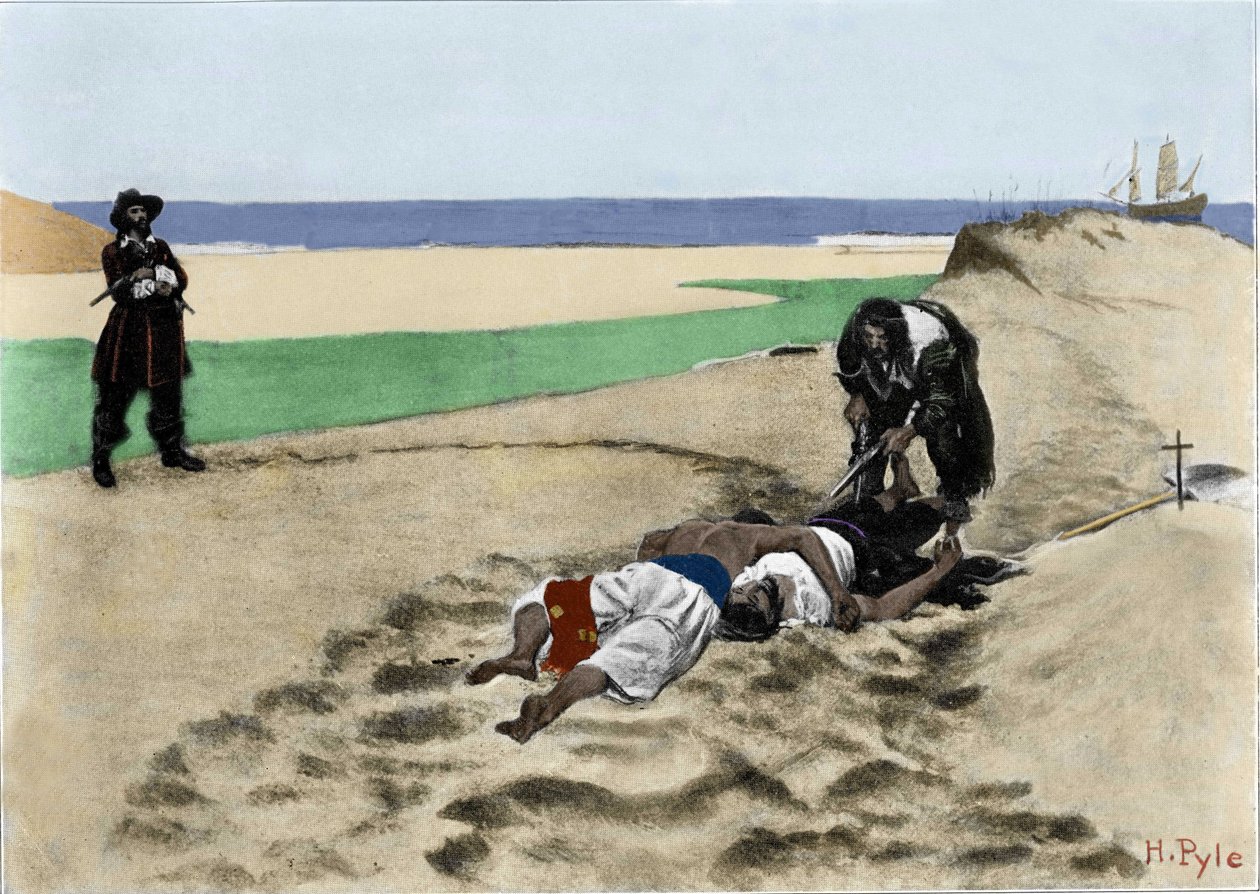 Mrtví nemluví: ilustrace pirátů z knihy "Book of pirates Buccaneers and Marooners of the Spanish Main" od Howarda Pyla (1853-1911), amerického ilustrátora. 1887. od American School