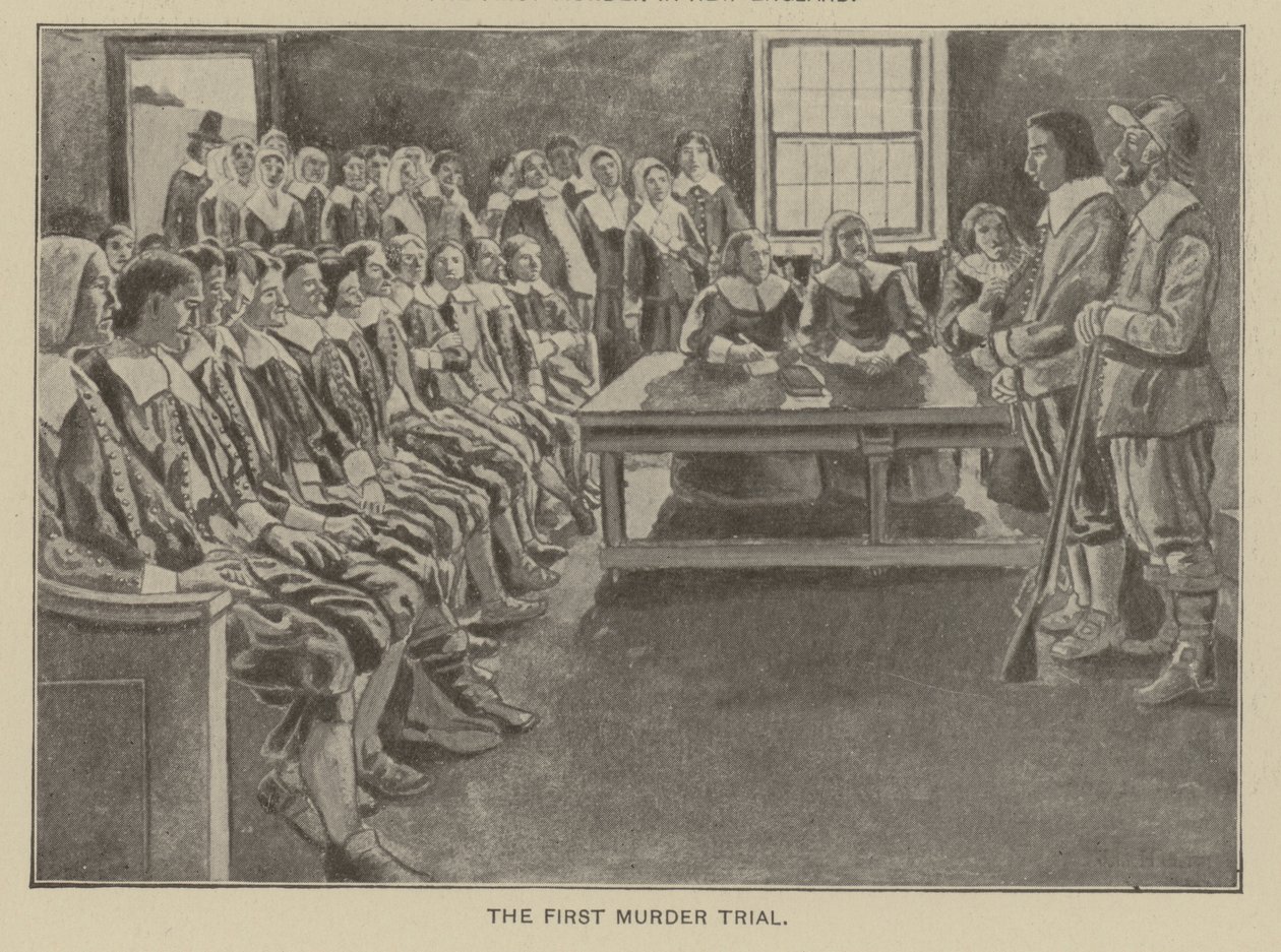 První soudní proces s vrahem v Nové Anglii (litografie) od American School