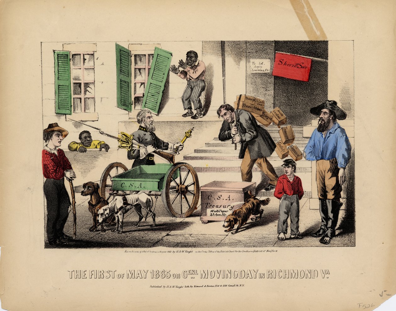Prvního května 1865, nebo, Genl. den stěhování v Richmond Va., Lith. od Kimmel & Forster, publikoval H. & W. Voight, New York, 1865 od American School