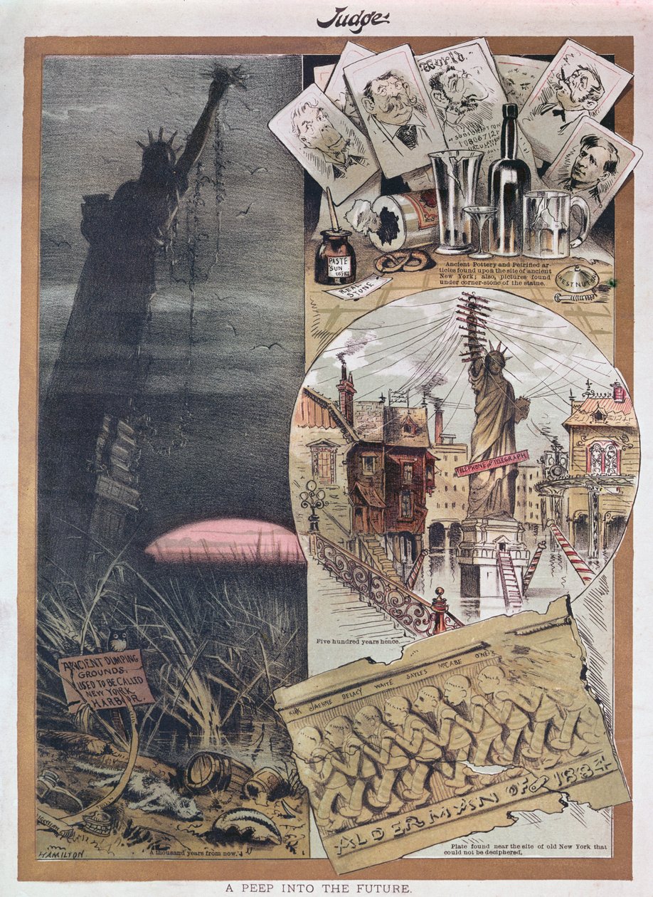 Budoucnost sochy svobody. karikatura z časopisu Judge v době jeho výstavby v roce 1886 od American School
