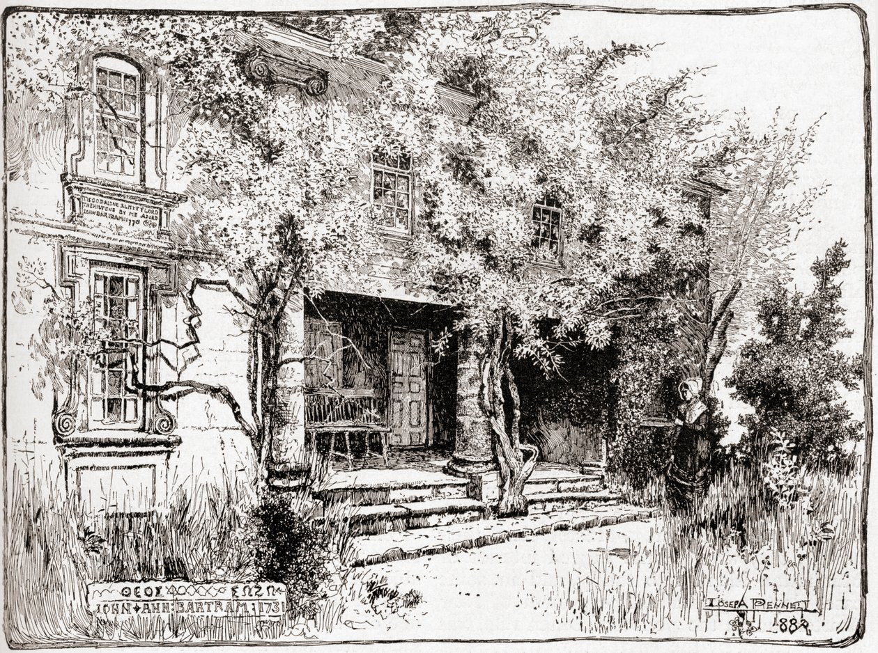 Dům Johna Bartrama poblíž Philadelphie, z časopisu The Century Illustrated Monthly Magazine, vydaného v roce 1884 (dřevoryt) od American School