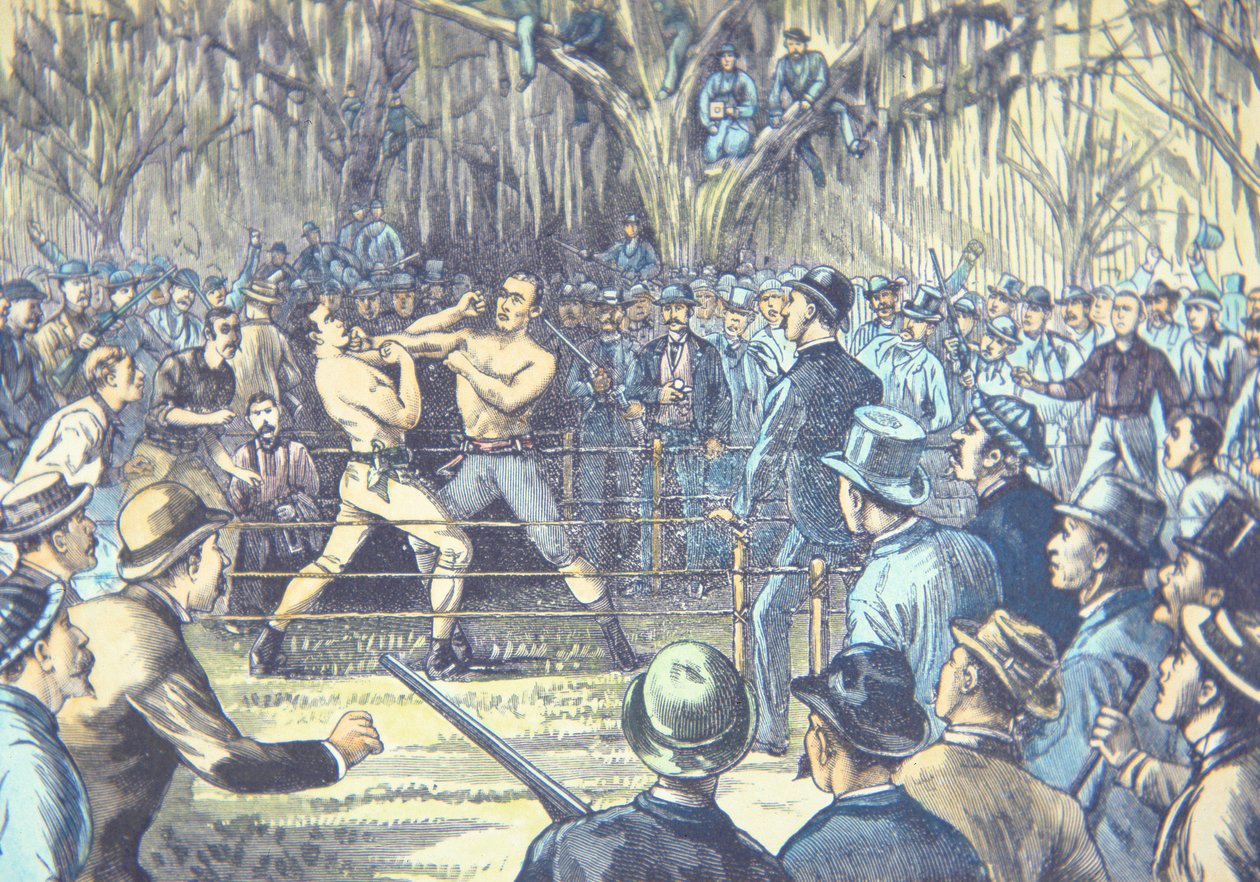 Poslední mistrovský zápas v boxu holými pěstmi v roce 1889, John L. Sullivan vs. Jake Kilrain v Richburgu, Mississippi (barevná litografie) od American School