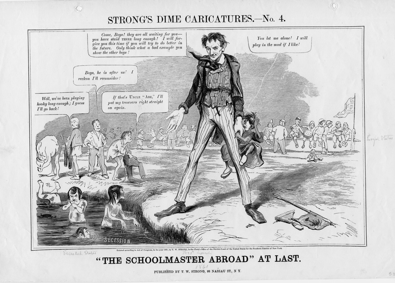 Konečně učitel v zahraničí: Silné desetníky karikatury, no. 4, nakladatelství T.W. Strong, New York, 1861 od American School