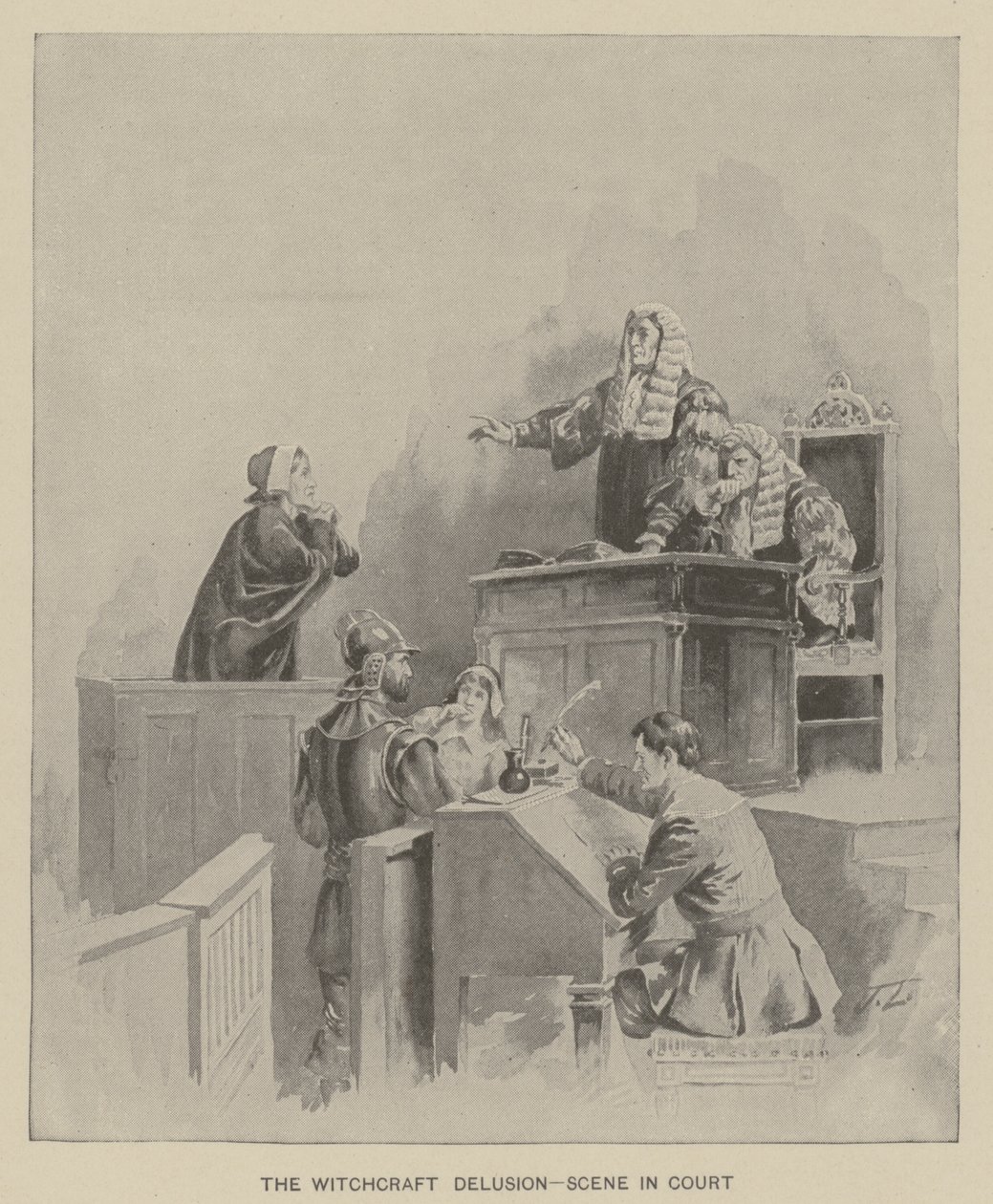 Čarodějnický blud - scéna u soudu (litografie) od American School