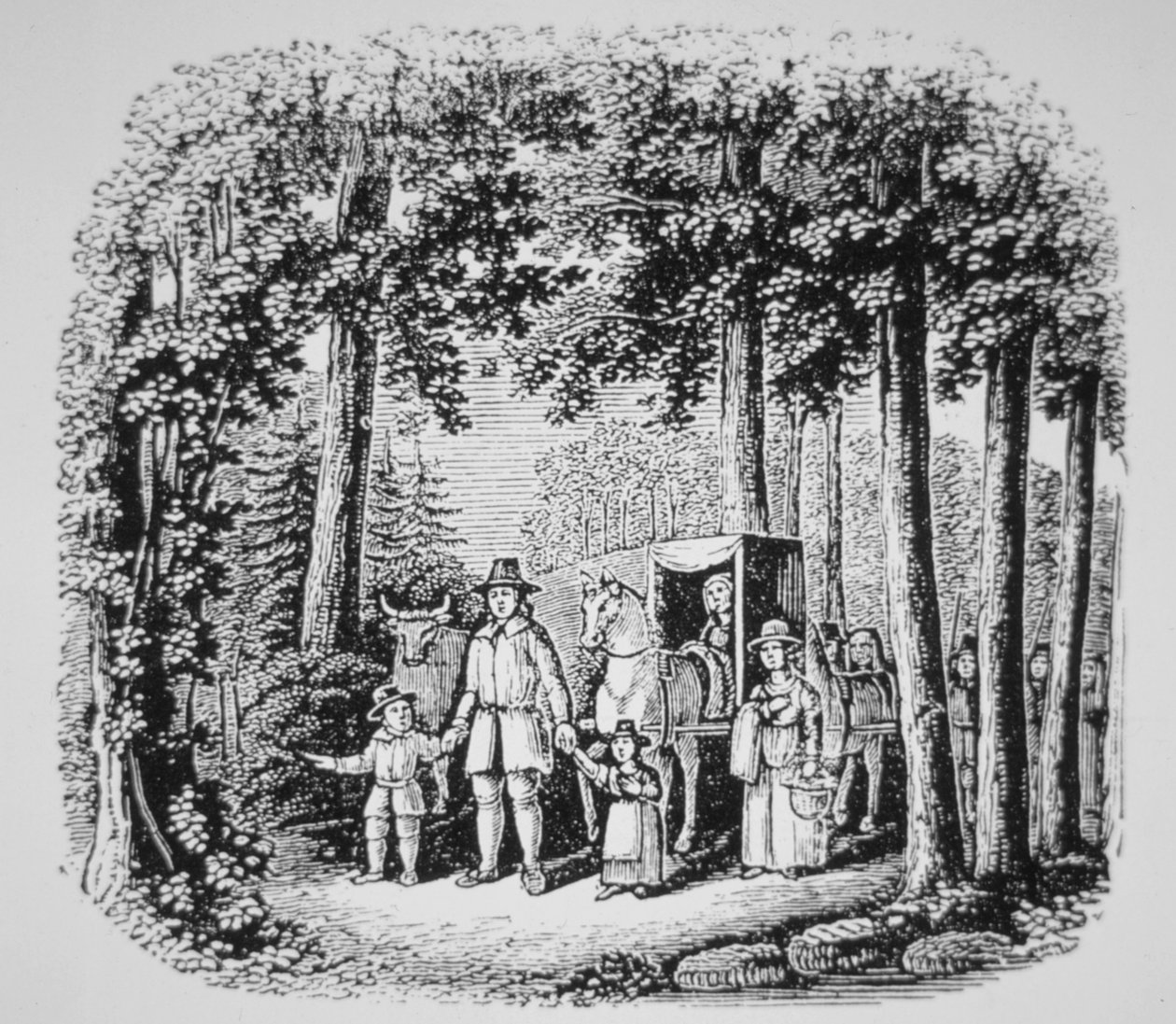 Thomas Hooker vede své farníky do divočiny Connecticutu (litho) od American School